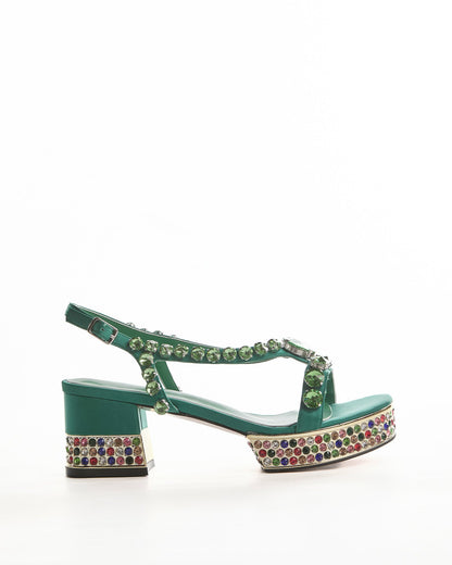 Riccarda Rhinestore Strap Platform Sandals In Green