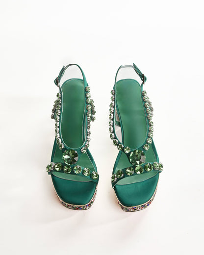 Riccarda Rhinestore Strap Platform Sandals In Green