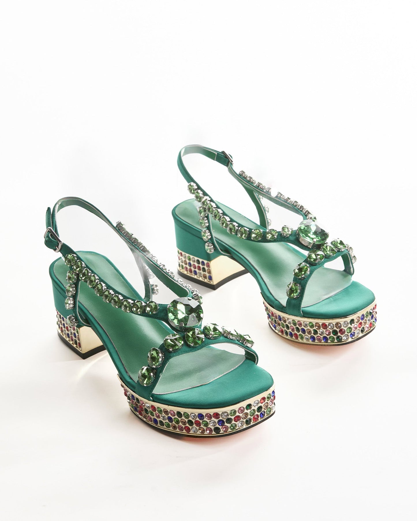Riccarda Rhinestore Strap Platform Sandals In Green