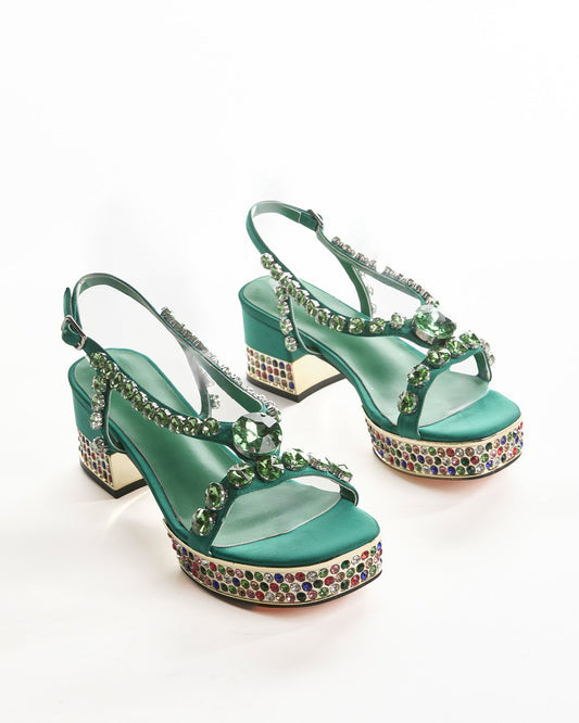 Riccarda Rhinestore Strap Platform Sandals In Green