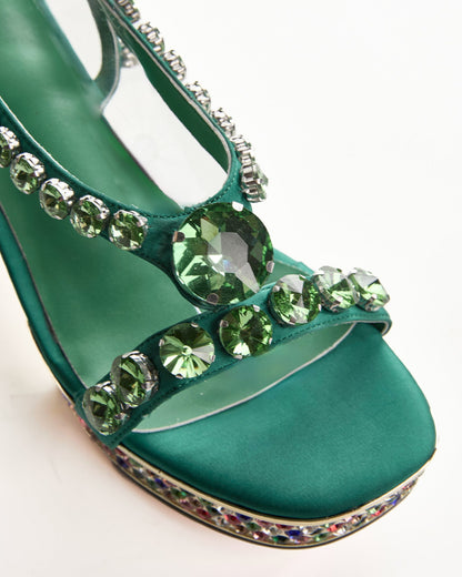 Riccarda Rhinestore Strap Platform Sandals In Green