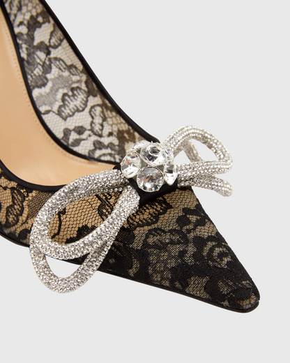 Rina Crystal Bow Lace Pumps In Black