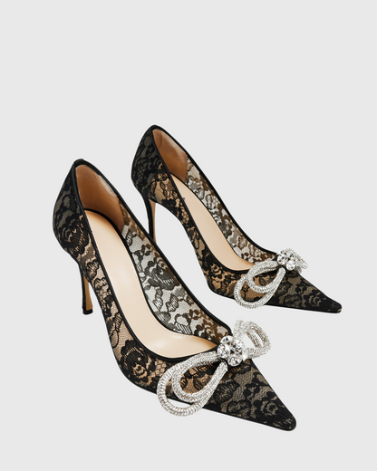 Rina Crystal Bow Lace Pumps In Black