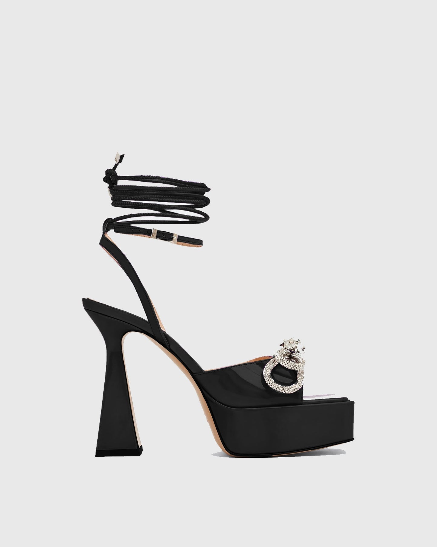 Rina Crystal Bow Lace Up Platform Flared Sandals In Black