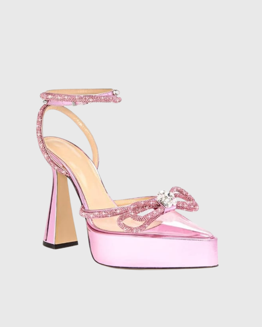 Rina Crystal Bow Platform Flared Heels In Pink