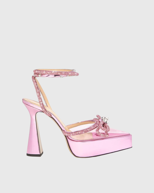Rina Crystal Bow Platform Flared Heels In Pink