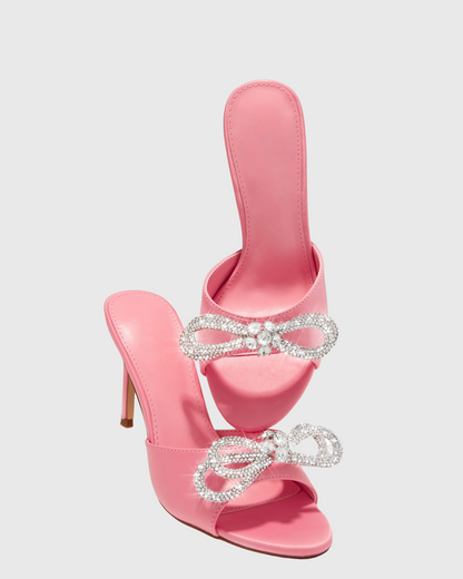 Rina Crystal Bow Satin Mules In Pink