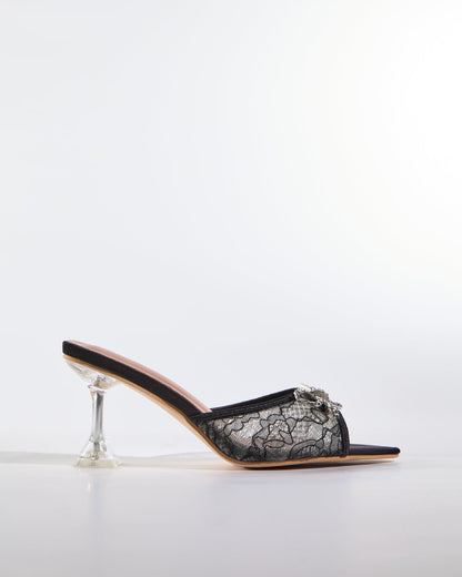 Rina Diamond Bow Lace Flared Heels In Black