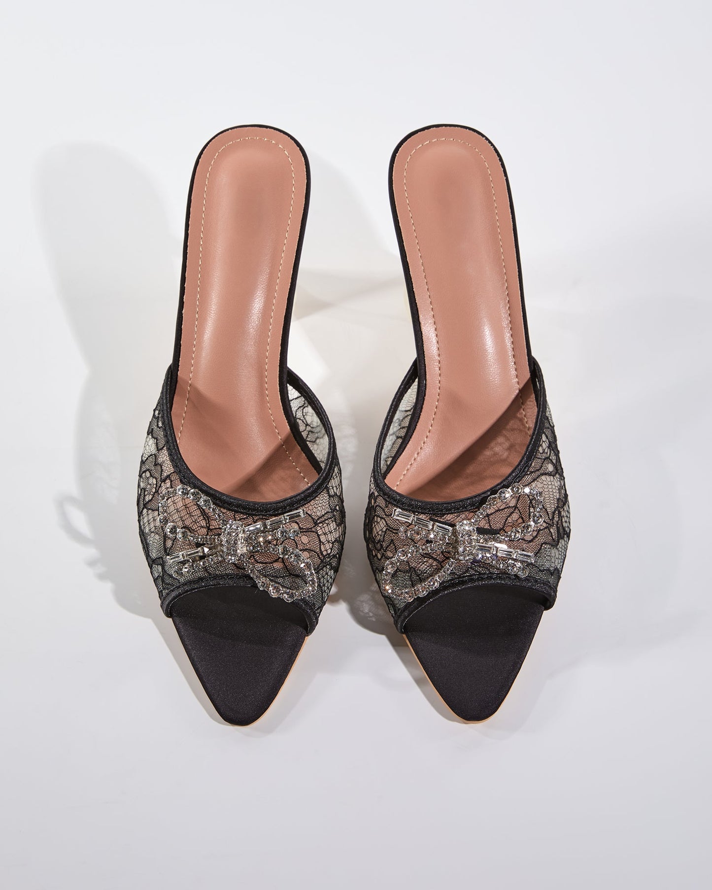 Rina Diamond Bow Lace Flared Heels In Black