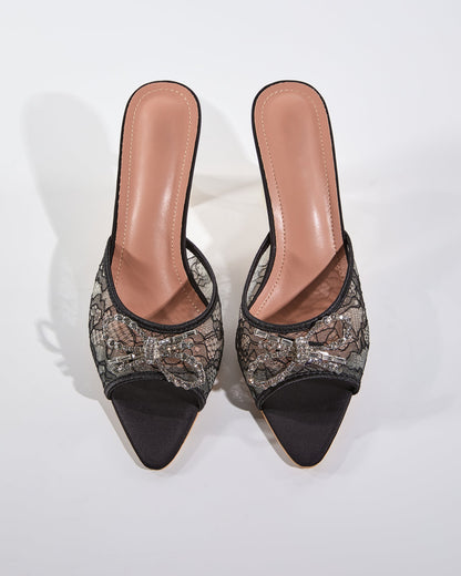 Rina Diamond Bow Lace Flared Heels In Black