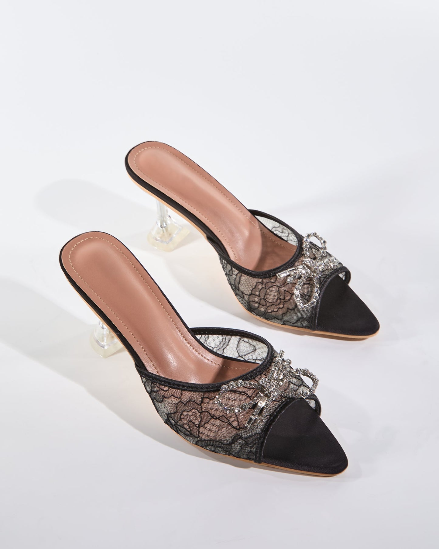 Rina Diamond Bow Lace Flared Heels In Black