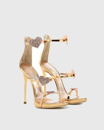 Rosalia Rhinestone Heart Strap Sandals In Gold