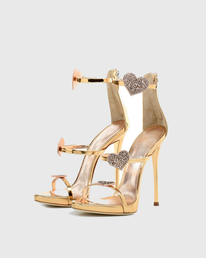 Rosalia Rhinestone Heart Strap Sandals In Gold