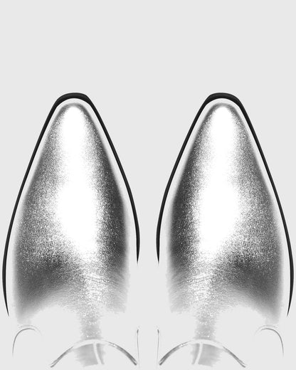 Rosana Rhinestone Fringe Leather Cowboy Mid Calf Boots In Silver