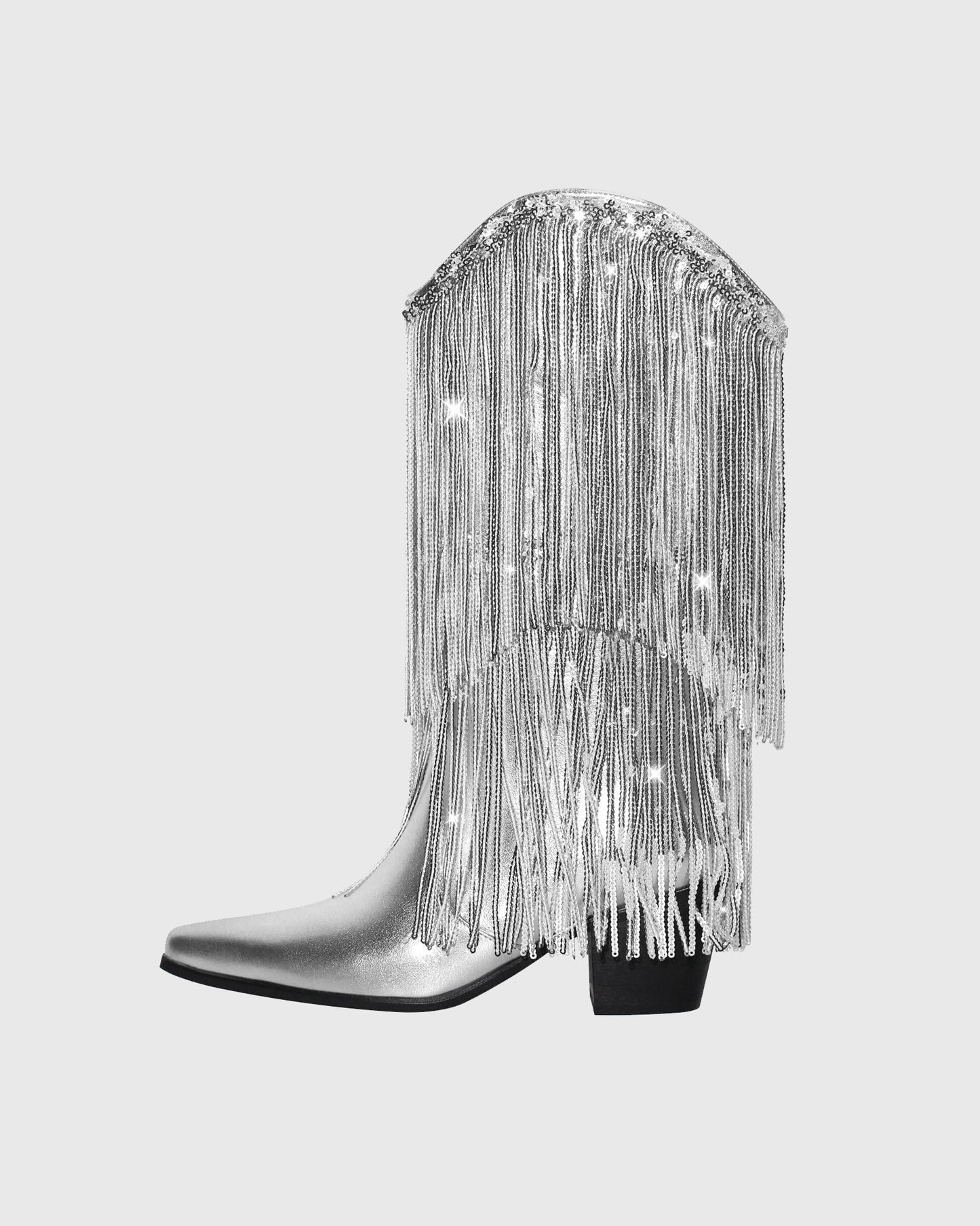 Rosana Rhinestone Fringe Leather Cowboy Mid Calf Boots In Silver