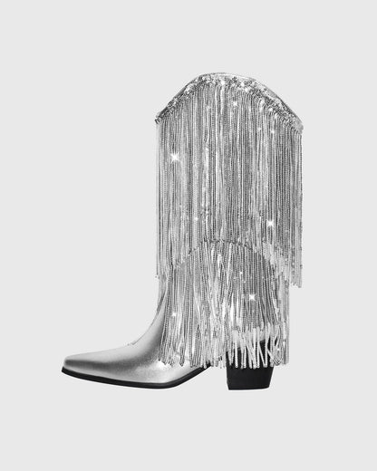 Rosana Rhinestone Fringe Leather Cowboy Mid Calf Boots In Silver