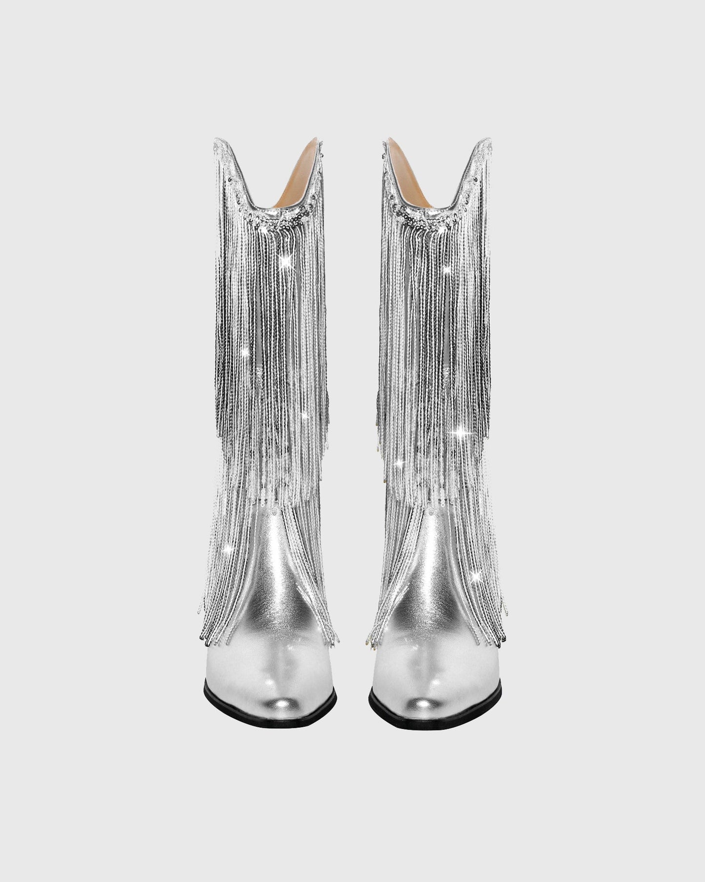 Rosana Rhinestone Fringe Leather Cowboy Mid Calf Boots In Silver