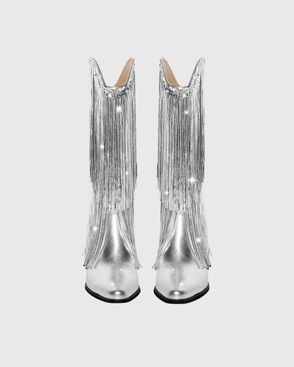 Rosana Rhinestone Fringe Leather Cowboy Mid Calf Boots In Silver