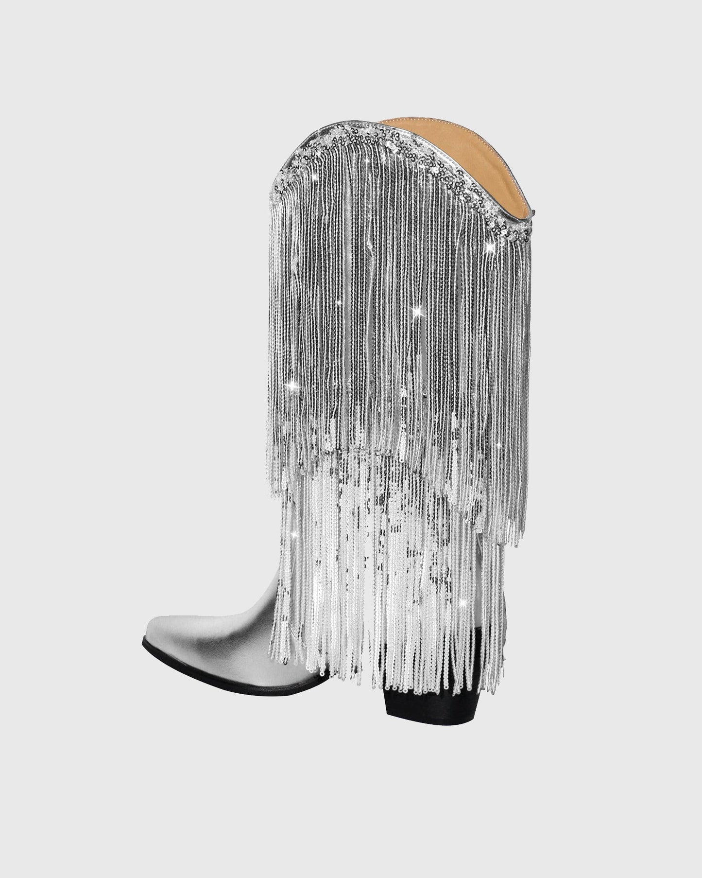 Rosana Rhinestone Fringe Leather Cowboy Mid Calf Boots In Silver