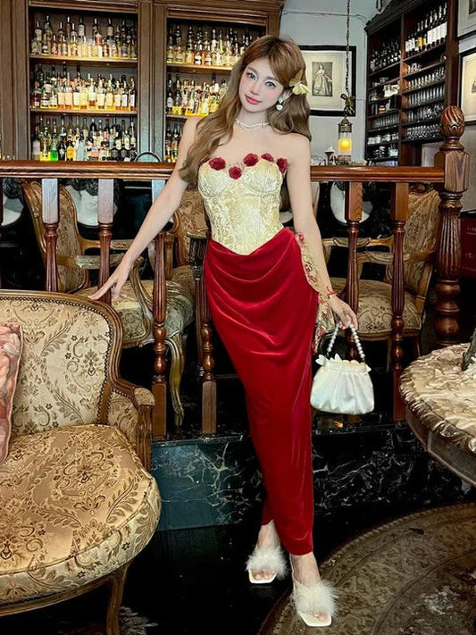 Vintage 3D Rose Sweetheart Prom Dress Red Velvet Sheath Evening Dress Long Formal Dress TP4670