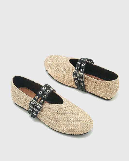 Rosina Double Buckle Straw Woven Flats
