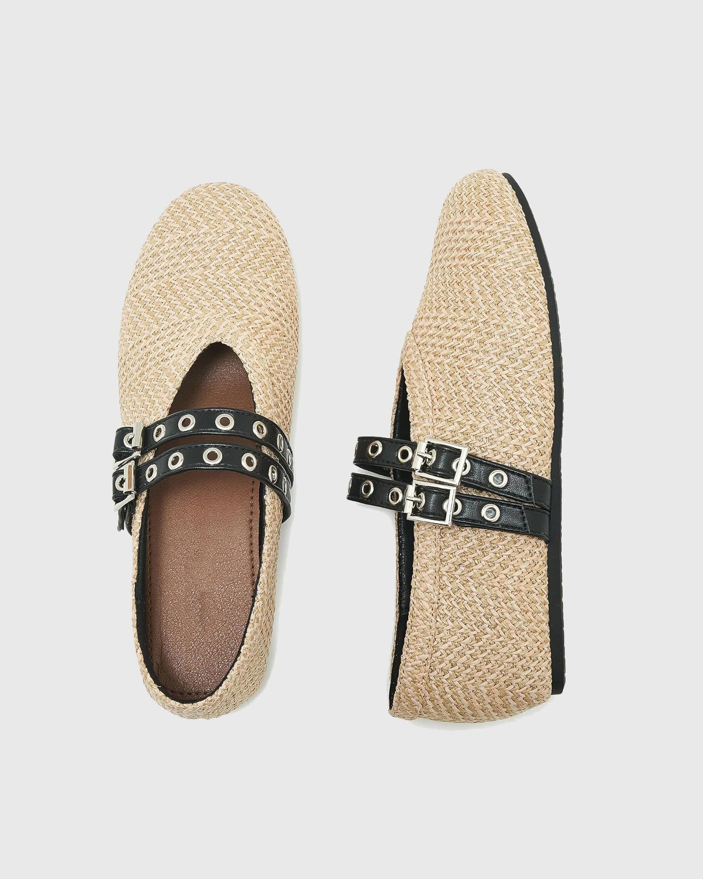 Rosina Double Buckle Straw Woven Flats