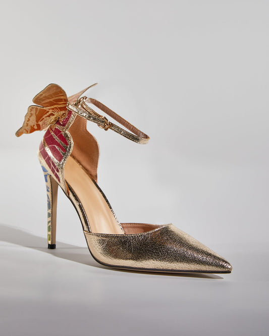 Rossa Butterfly Print Strap Pumps In Gold