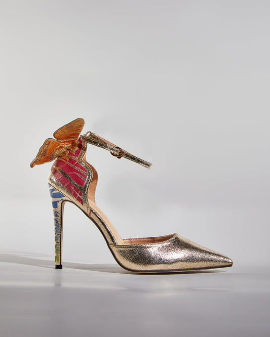 Rossa Butterfly Print Strap Pumps In Gold