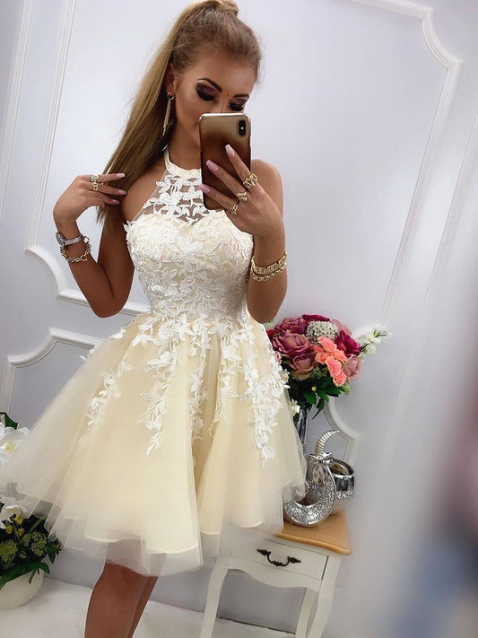 Round Neck Short Yellow Lace Prom Dresses, Short Yellow Lace Homecoming Graduation Cocktail Dresses