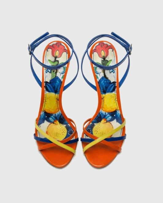 Rubina Flower Print Geometric Heels In Orange