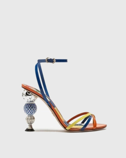 Rubina Flower Print Geometric Heels In Orange