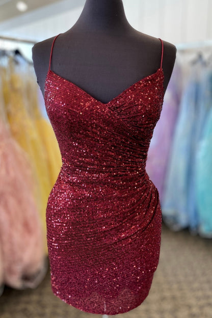 Ruched Golden Sequin Tight Short Prom Dress Cocktail Gown