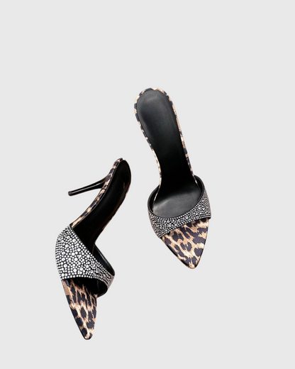Rylee Rhinestone Leopard Print Slippers In Black