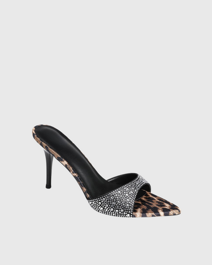 Rylee Rhinestone Leopard Print Slippers In Black