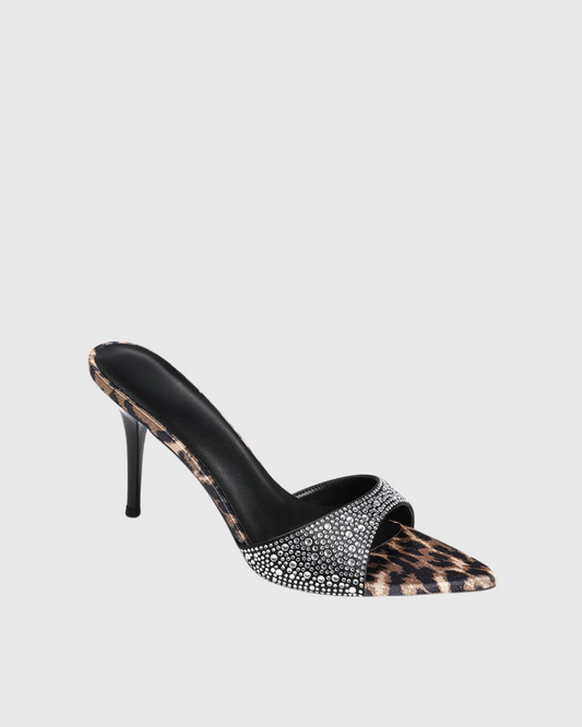 Rylee Rhinestone Leopard Print Slippers In Black