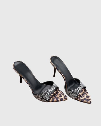 Rylee Rhinestone Leopard Print Slippers In Black