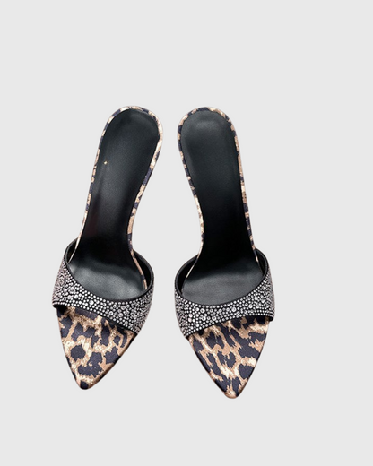 Rylee Rhinestone Leopard Print Slippers In Black
