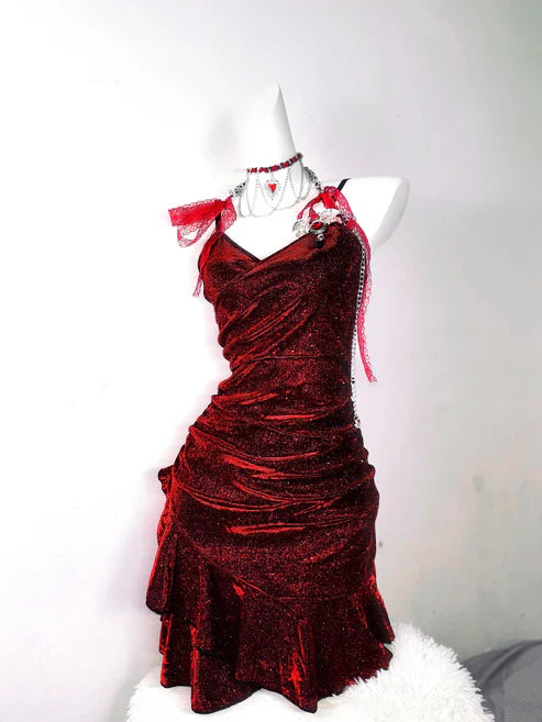 Retro Glitter Burgundy Spaghetti Strap 18th Birthday Party Dress Homecoming Dress TP4041