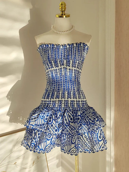 Vintage Dark Blue Pattern Design Strapless Mini Party Dress Homecoming Dress TP4044