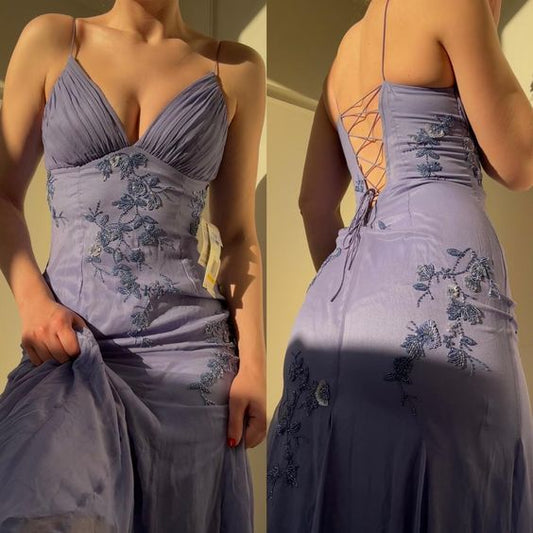 Vintage Embroidery Floral V-neck Spaghetti Strap A-Line Prom Dress Evening Dress TP4327