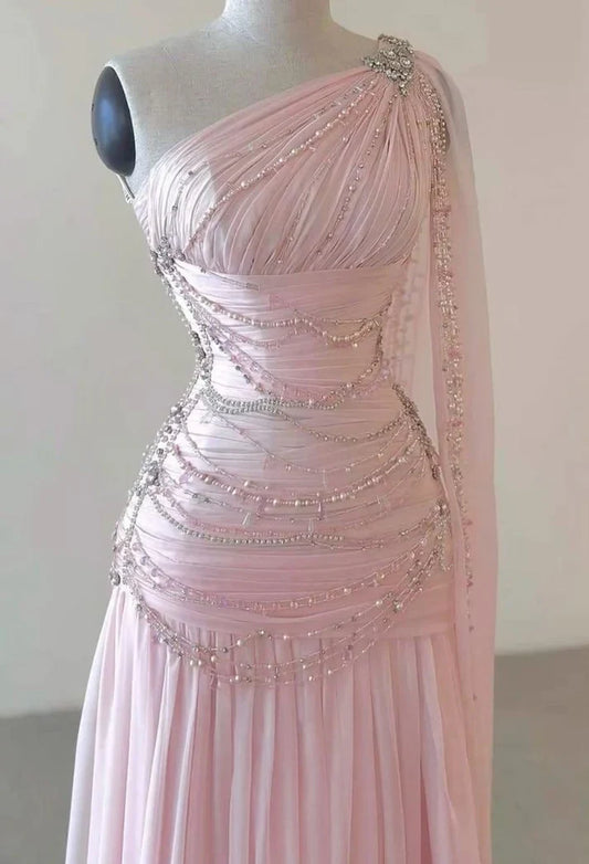 Vintage Glittering Beaded One-shoulder Prom Dress Evening Dress TP4331