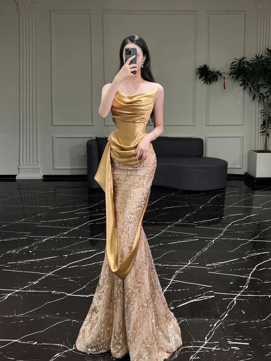 Gorgeous Sparkling Golden Cowl Neck Strapless Mermaid Prom Dress Evening Dress TP4345