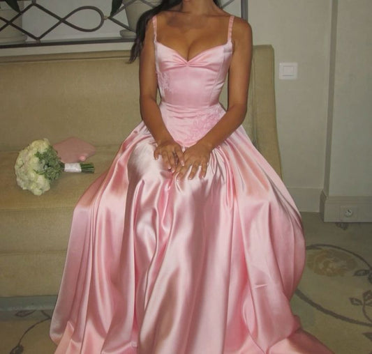 Elegant A Line Spaghetti Straps Satin Long Pink Evening Dress Prom Gown