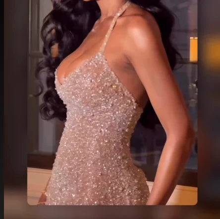 Enchanting Silvery Shiny Sequin Mermaid Halter-neck Long Prom Dress Evening Dress TP4318