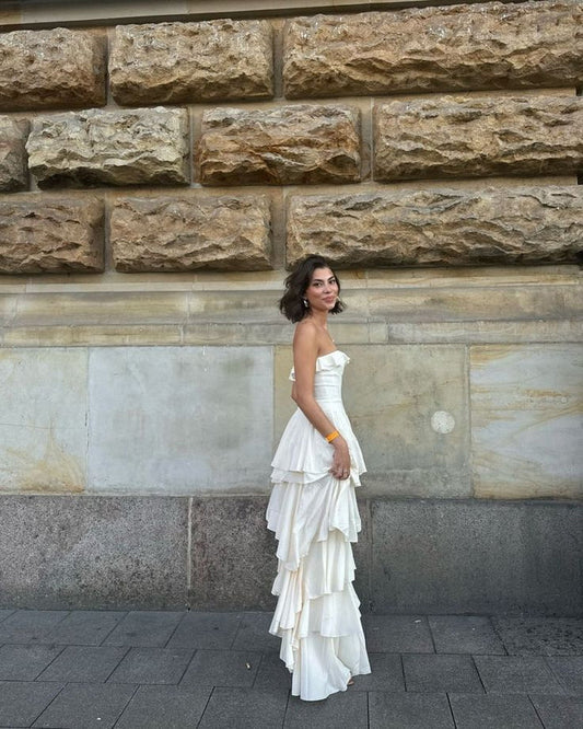 Enchanting White Strapless Ruffles High Slit Long Prom Dress Evening Dress TP4316