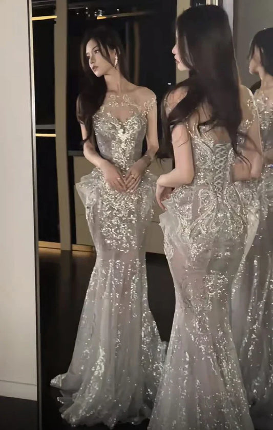 Elegant Silvery Shiny Sequin Mermaid Long Prom Dress Party Dress Evening Dress TP4516