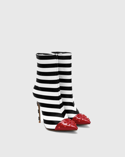 Sabina Zebra Stripe Red Toe Ankle Boots