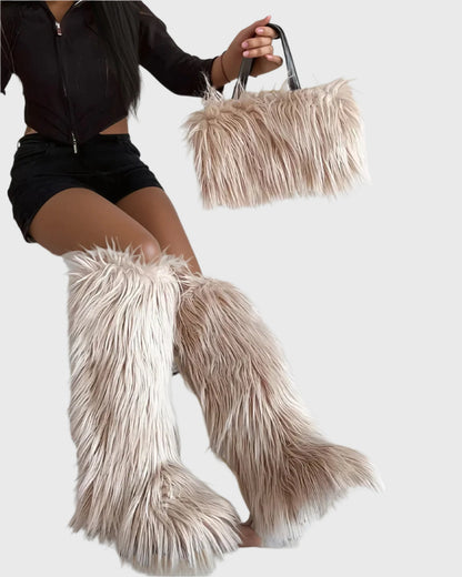 Sabine Faux Fur Knee High Boots In Beige