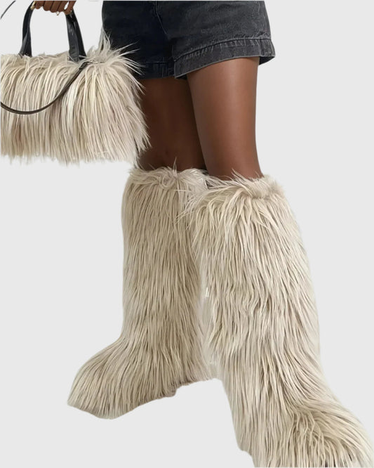 Sabine Faux Fur Knee High Boots In Beige