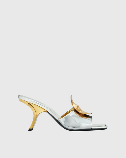 Sabra Metal Coin Asymmetrical Slippers In Silver